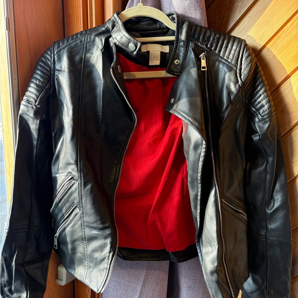 H&M Black Leather Jacket with Red Interior